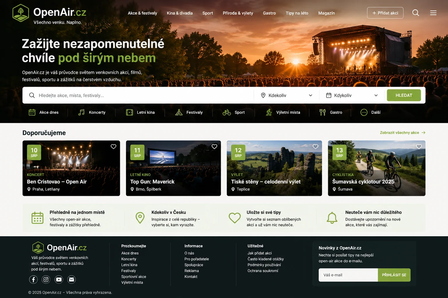 Vizuální návrh možného projektu OpenAir.cz zaměřeného na venkovní akce, kulturu a zážitky pod širým nebem